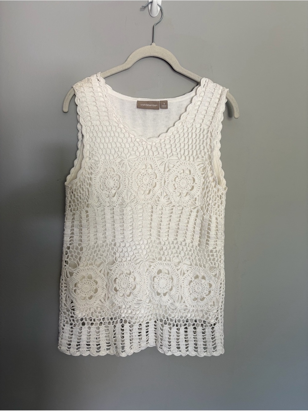 Croft & Barrow Crochet Knit Tank Top Size S Ivory Ramie Cotton Boho Cottagecore